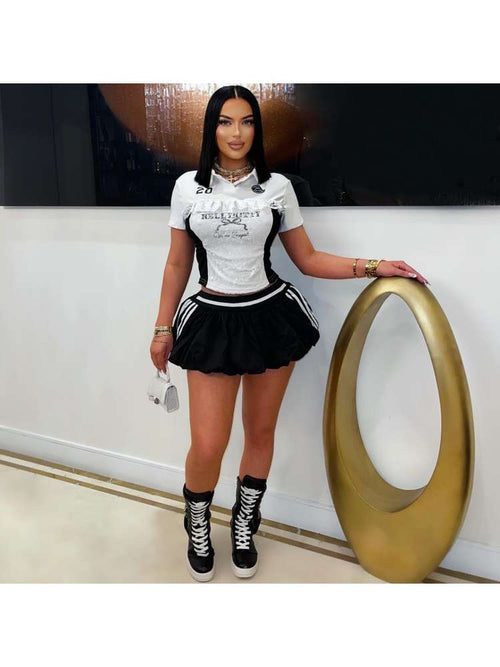 Lace Striped Trim Cropped Bubble Skirt Sets