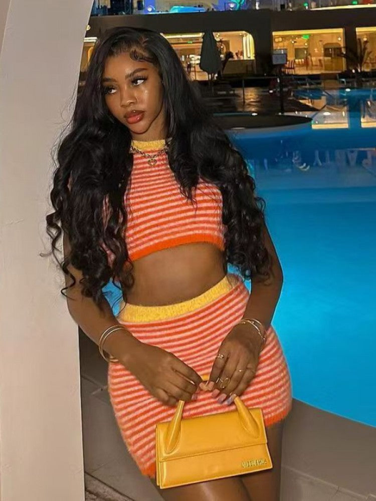 Tangerine Striped Cropped Knit Skirt Set