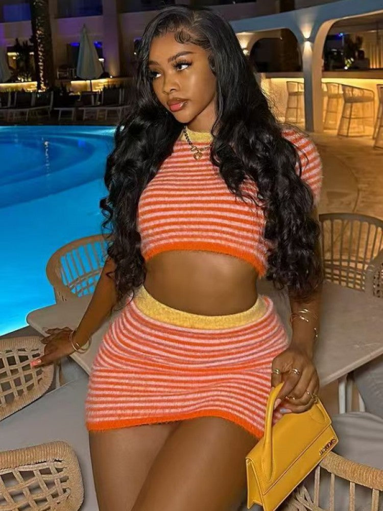 Tangerine Striped Cropped Knit Skirt Set